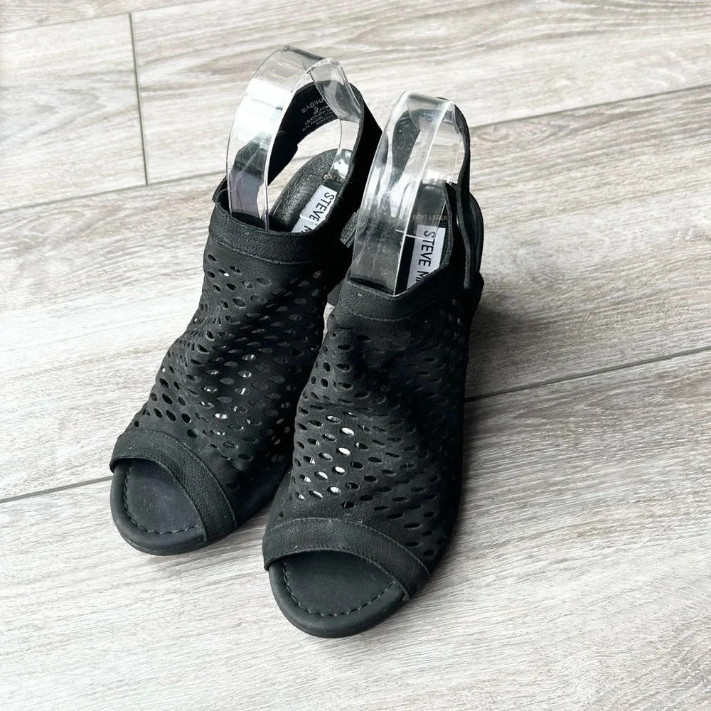 Steve Madden Black Leather Perforated Sling Back Heeled Sandals